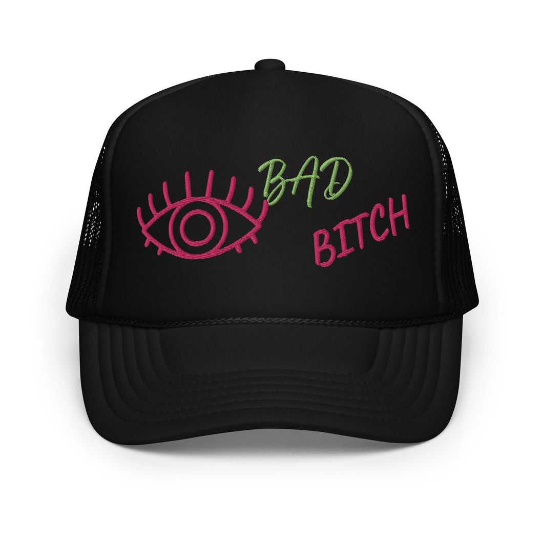 KIWI AND PINK EMBROIDERED EYE AM A BAD BITCH Foam trucker hat