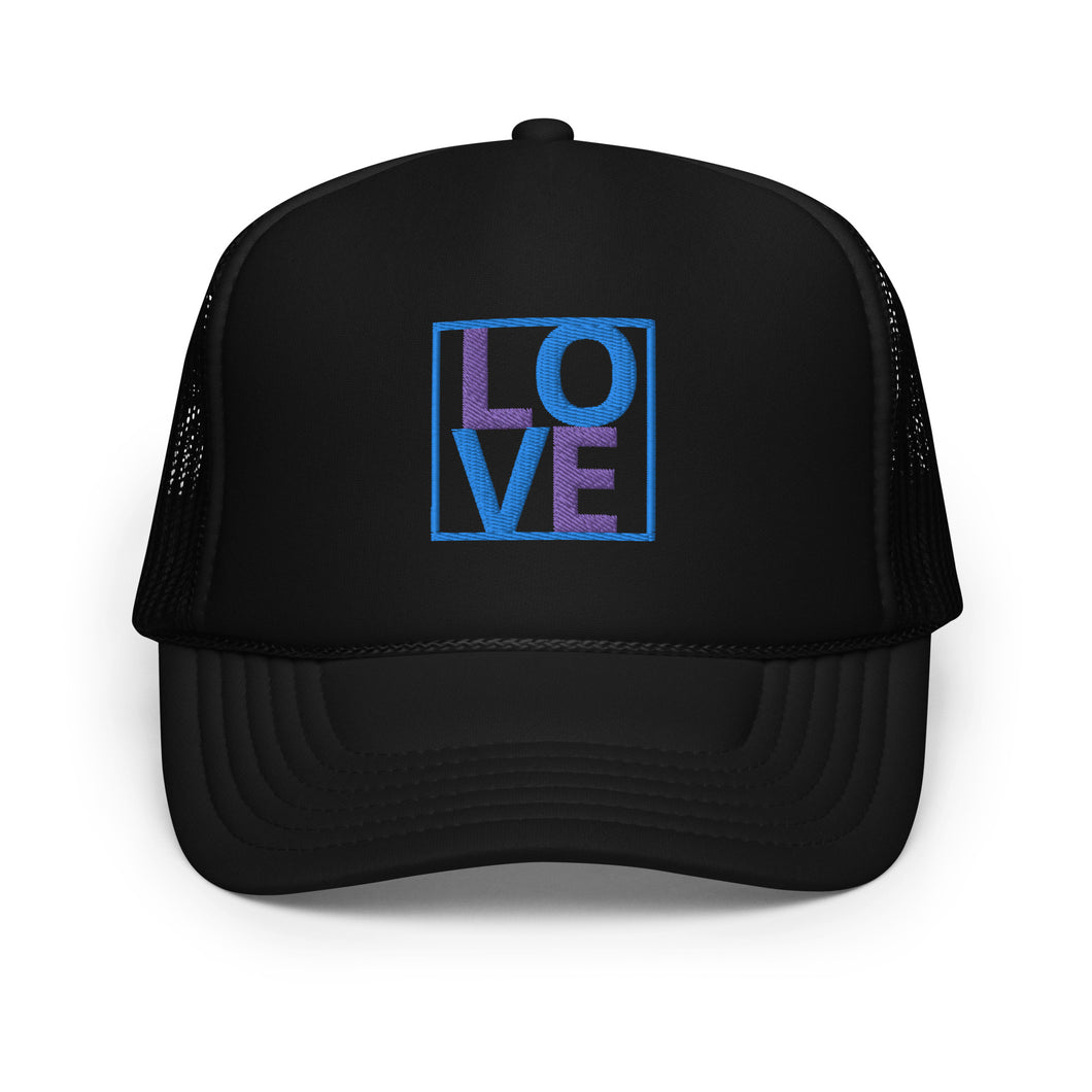 PURPLE AND BLUE EMBROIDERED LOVE Foam trucker hat