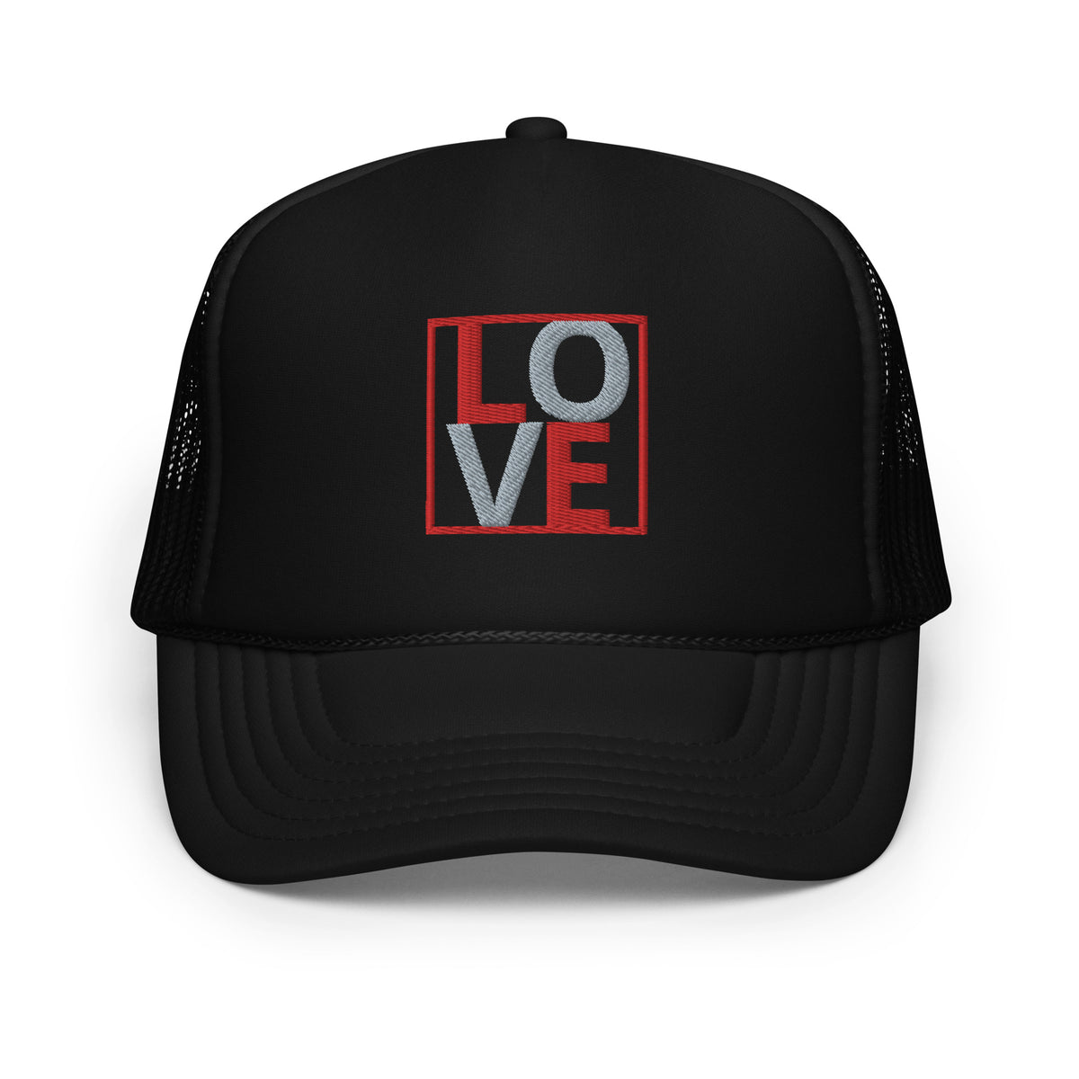 RED AND GREY EMBROIDERED LOVE Foam trucker hat