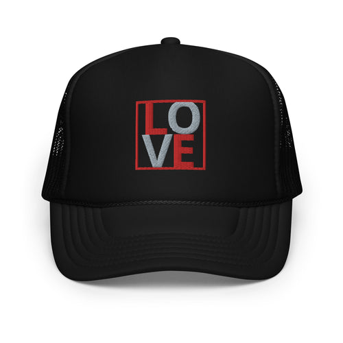 RED AND GREY EMBROIDERED LOVE Foam trucker hat