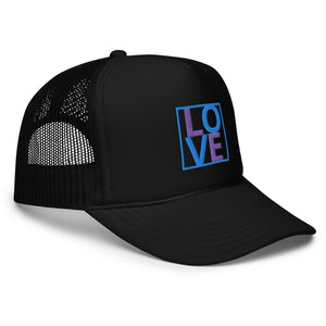 PURPLE AND BLUE EMBROIDERED LOVE Foam trucker hat