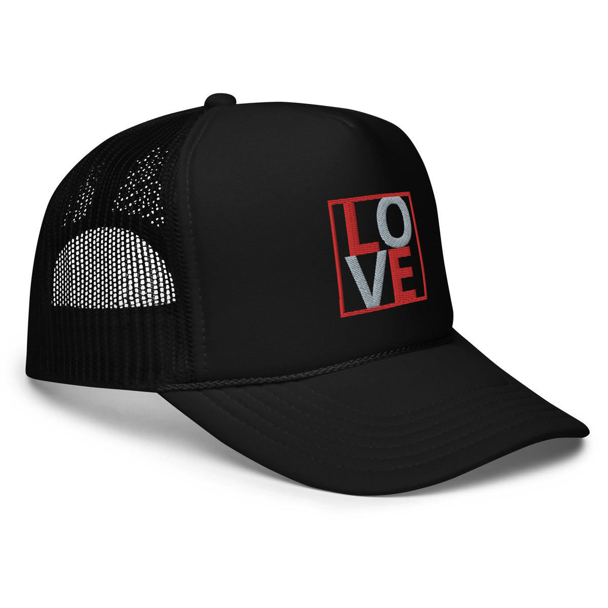 RED AND GREY EMBROIDERED LOVE Foam trucker hat