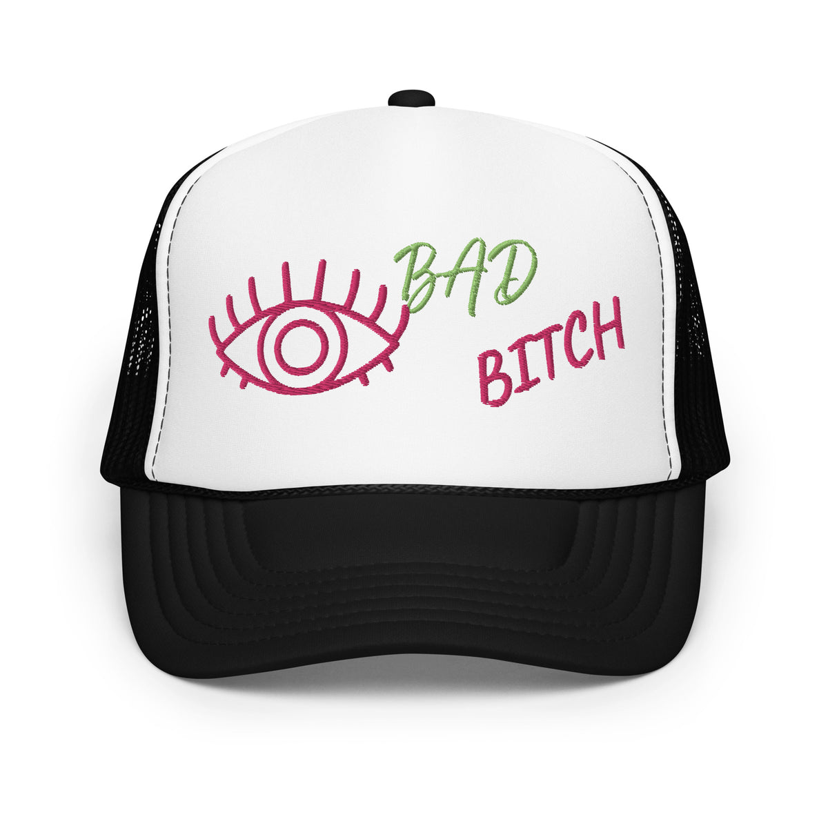 KIWI AND PINK EMBROIDERED EYE AM A BAD BITCH Foam trucker hat