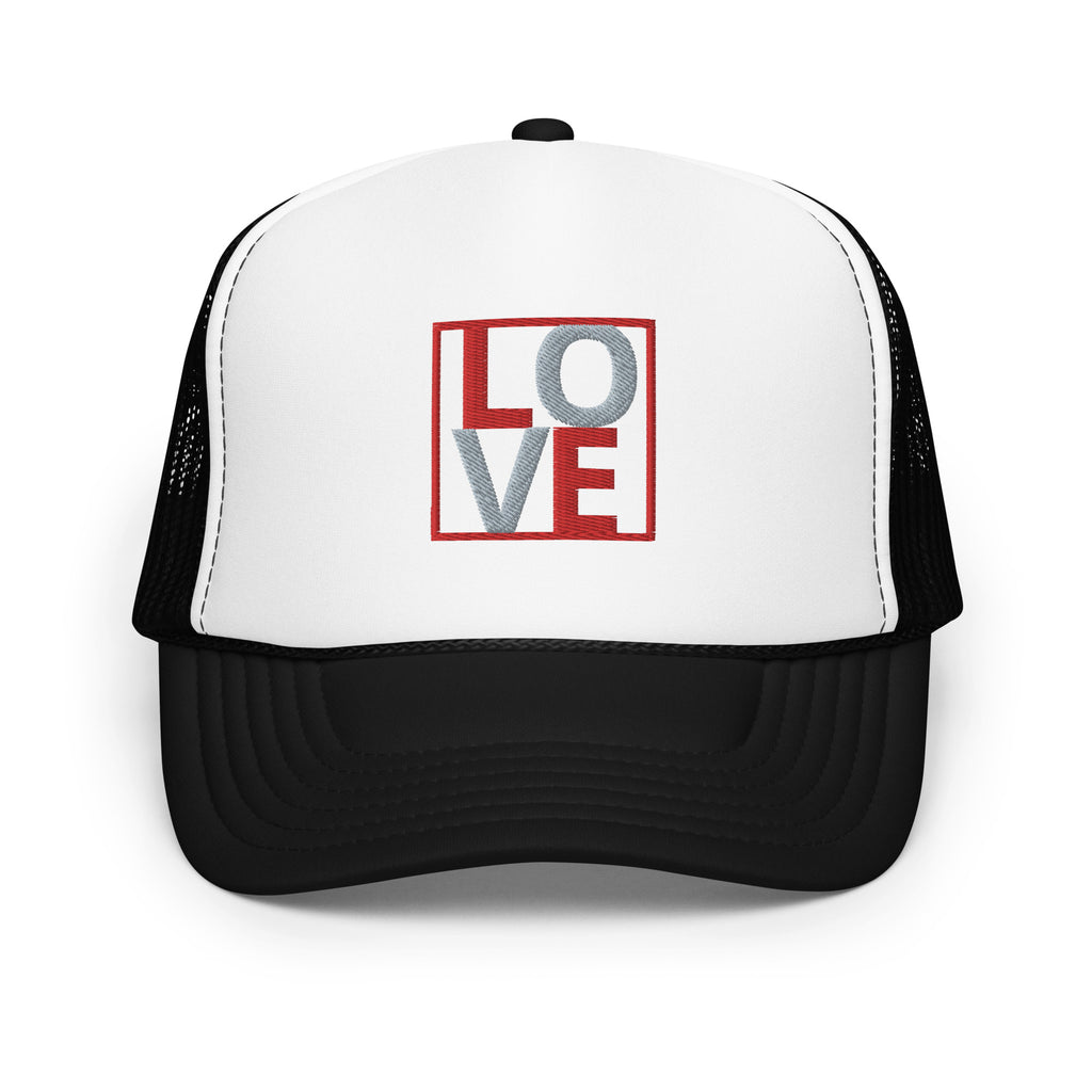 RED AND GREY EMBROIDERED LOVE Foam trucker hat