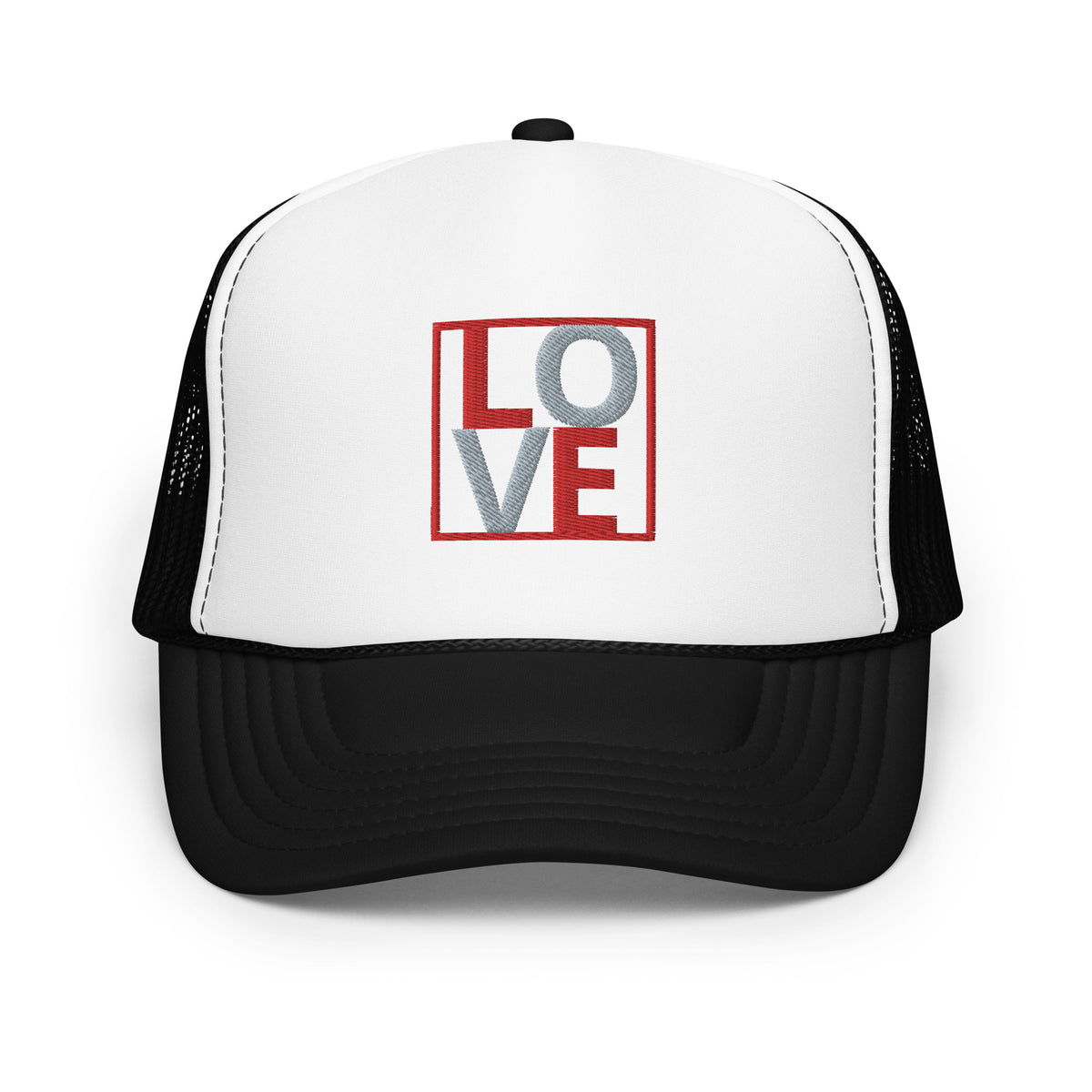 RED AND GREY EMBROIDERED LOVE Foam trucker hat