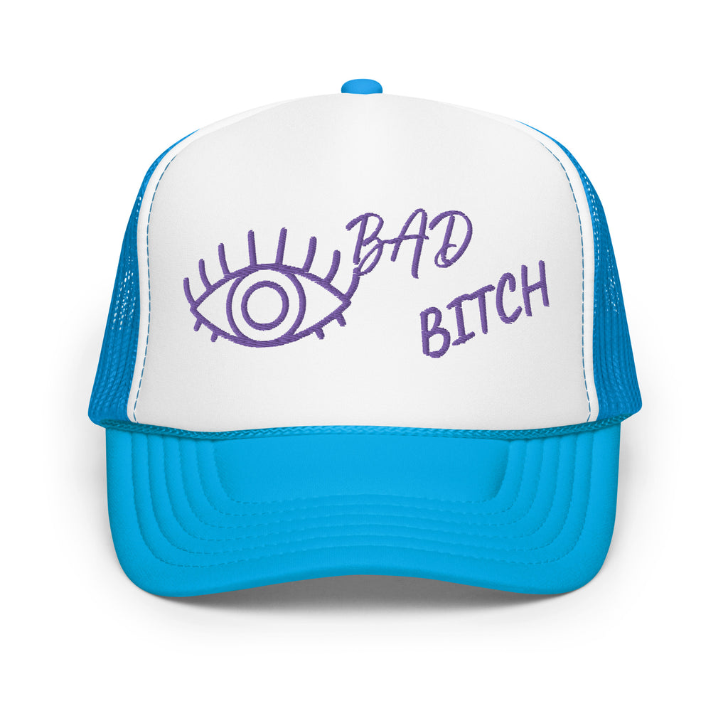 PURPLE EMBROIDERED EYE AM A BAD BITCH Foam trucker hat