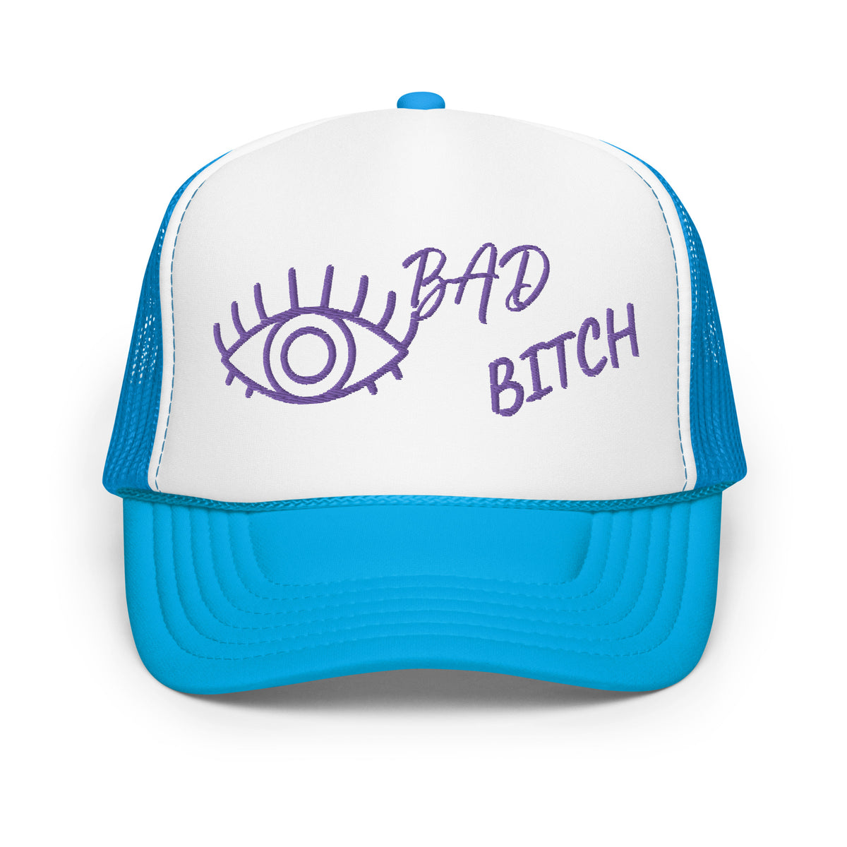 PURPLE EMBROIDERED EYE AM A BAD BITCH Foam trucker hat