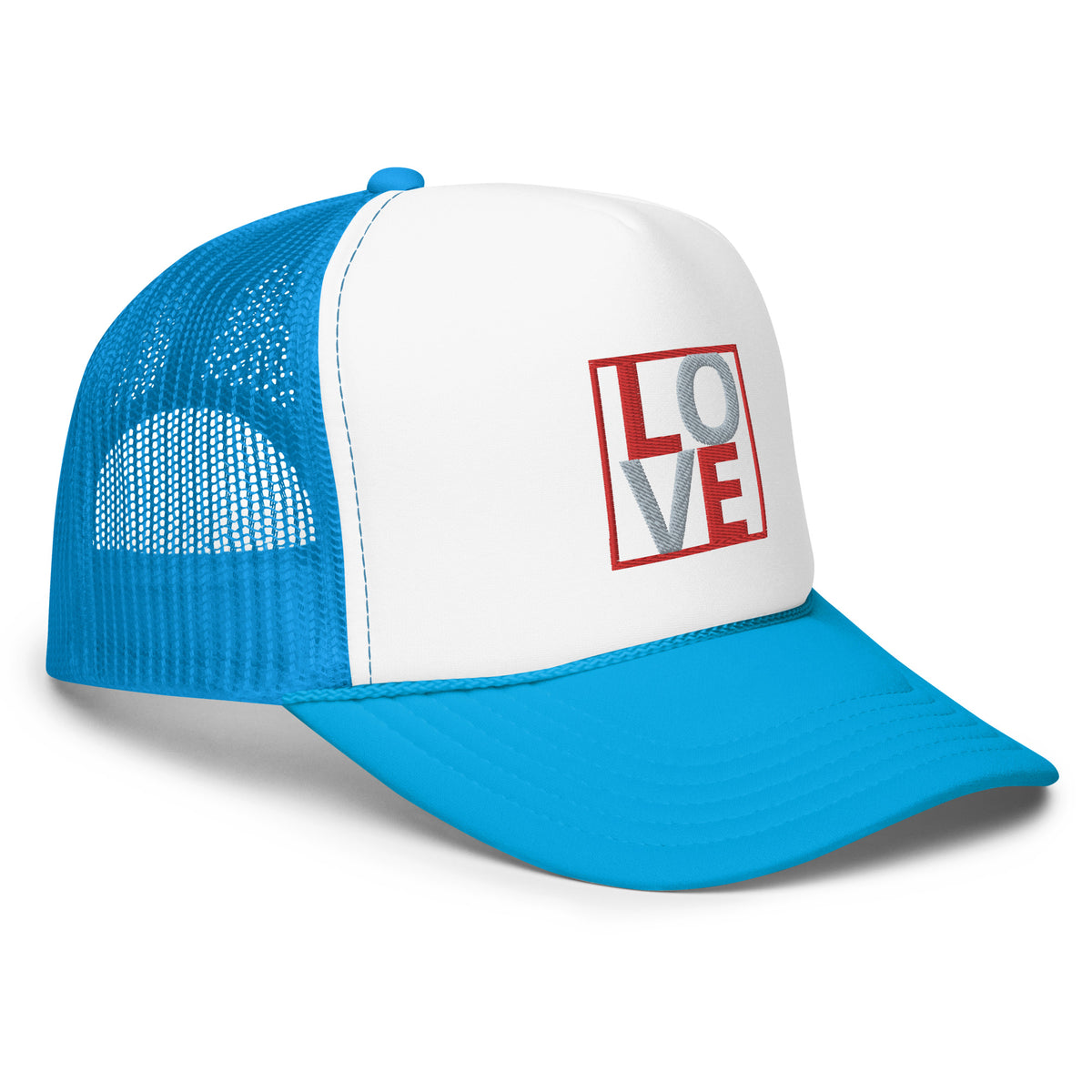 RED AND GREY EMBROIDERED LOVE Foam trucker hat