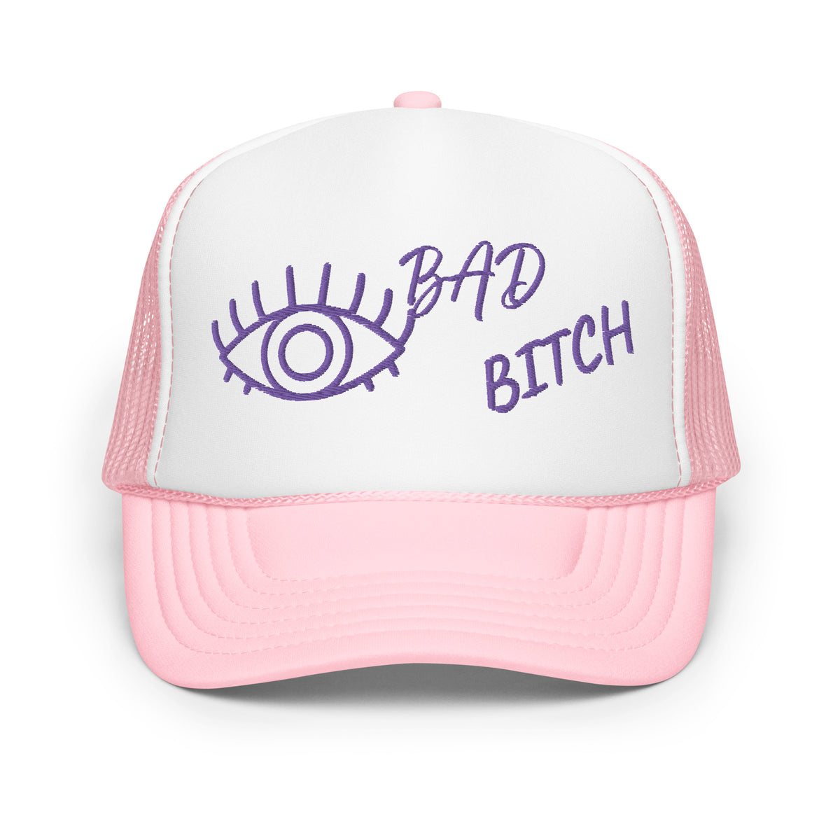 PURPLE EMBROIDERED EYE AM A BAD BITCH Foam trucker hat