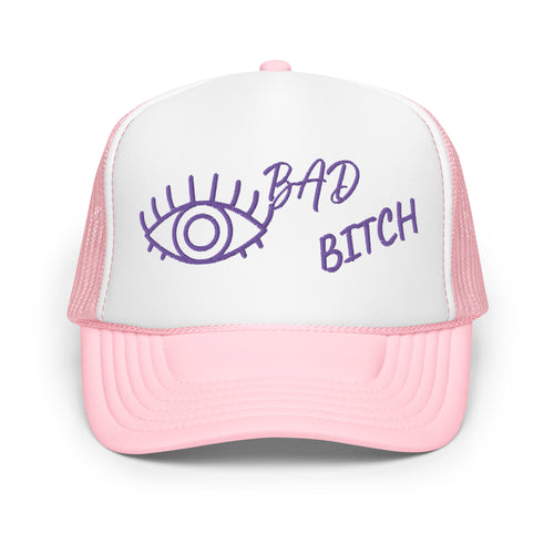 PURPLE EMBROIDERED EYE AM A BAD BITCH Foam trucker hat