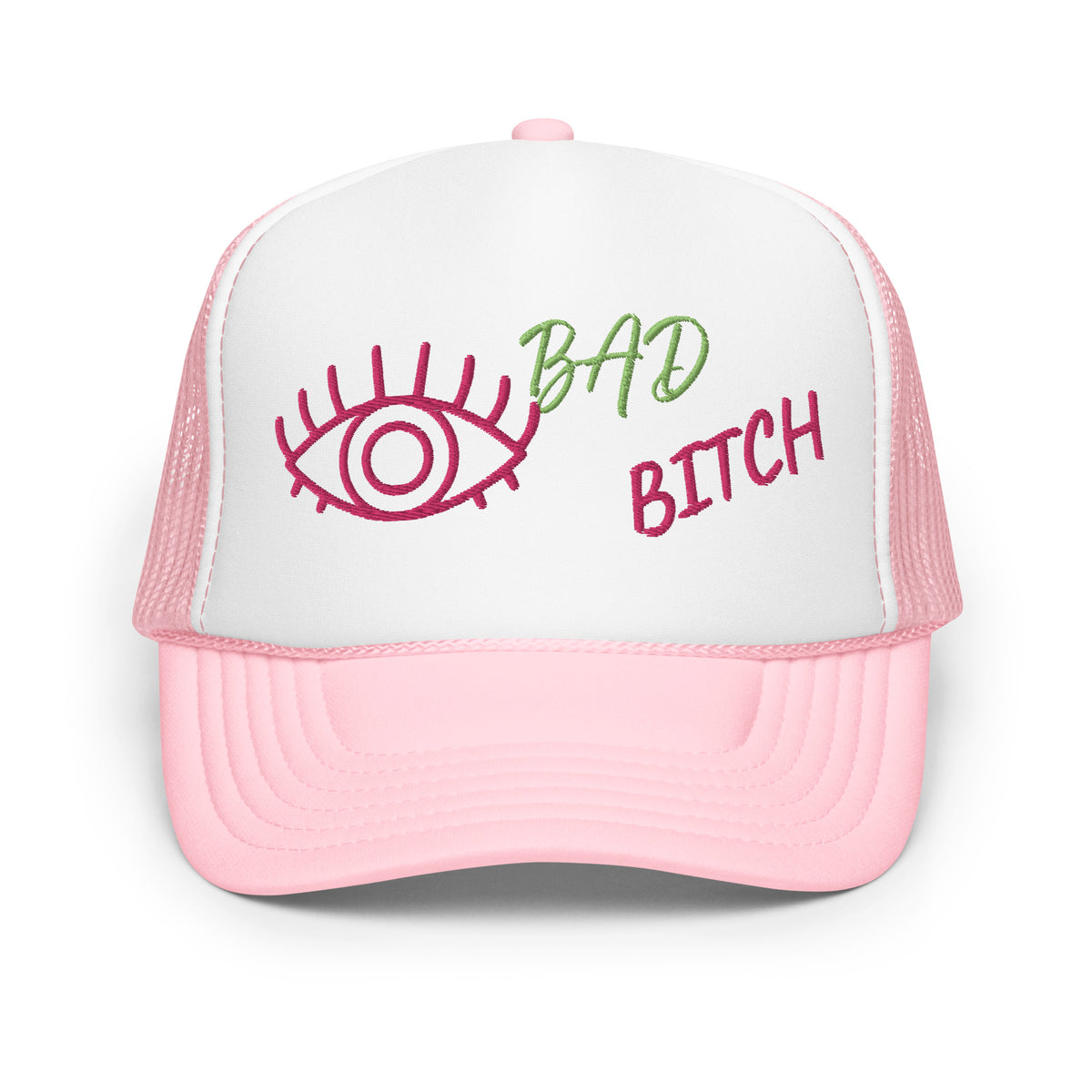 KIWI AND PINK EMBROIDERED EYE AM A BAD BITCH Foam trucker hat
