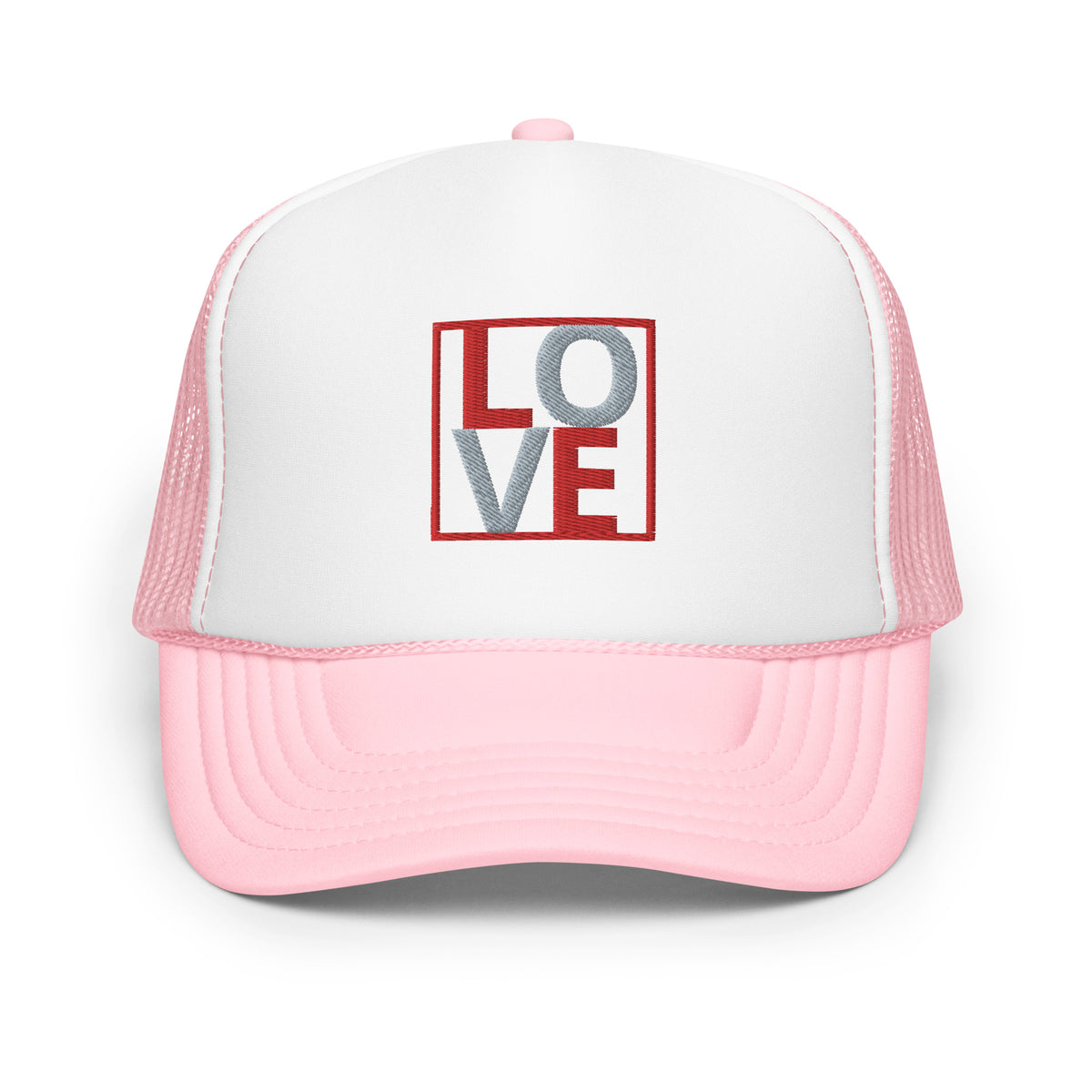 RED AND GREY EMBROIDERED LOVE Foam trucker hat