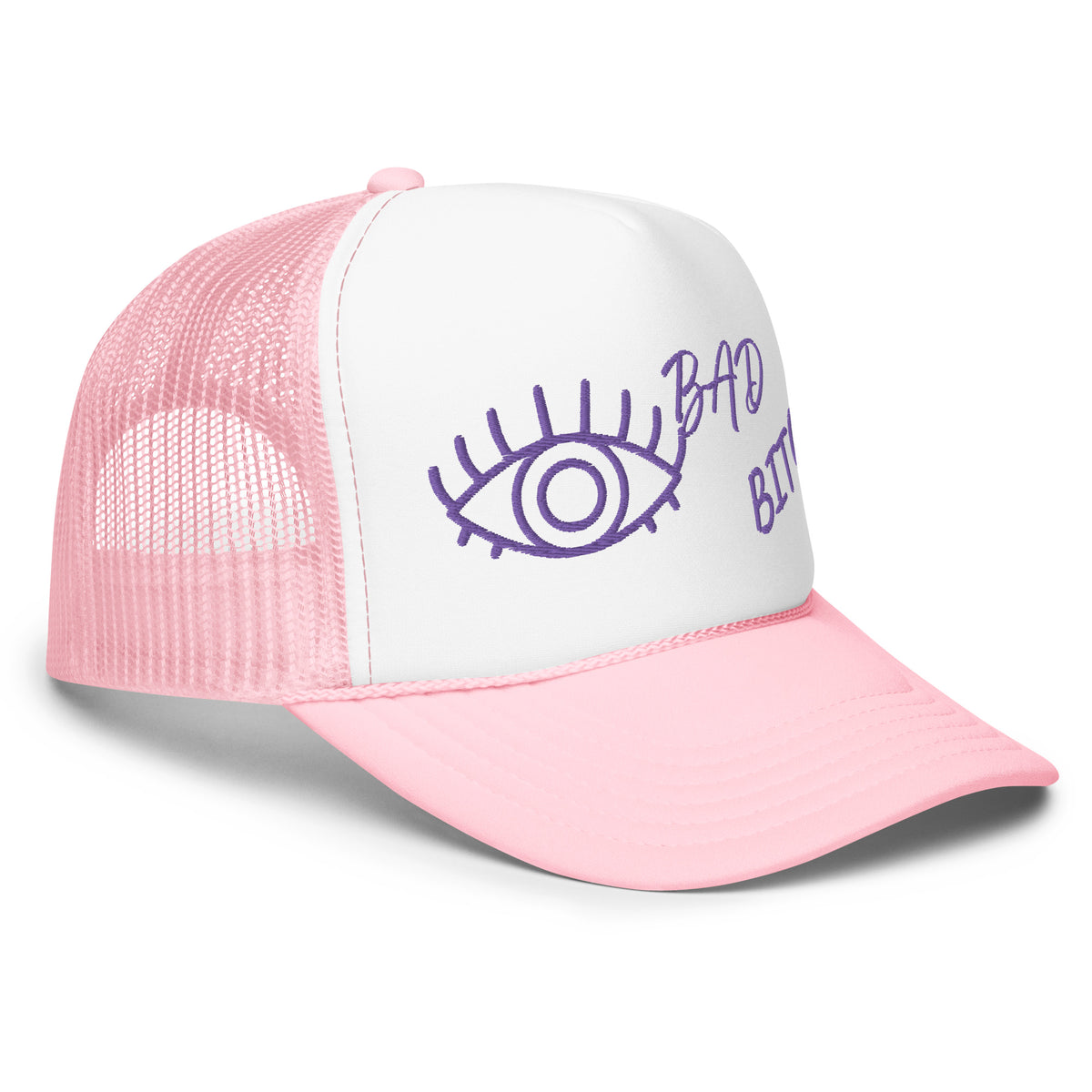 PURPLE EMBROIDERED EYE AM A BAD BITCH Foam trucker hat