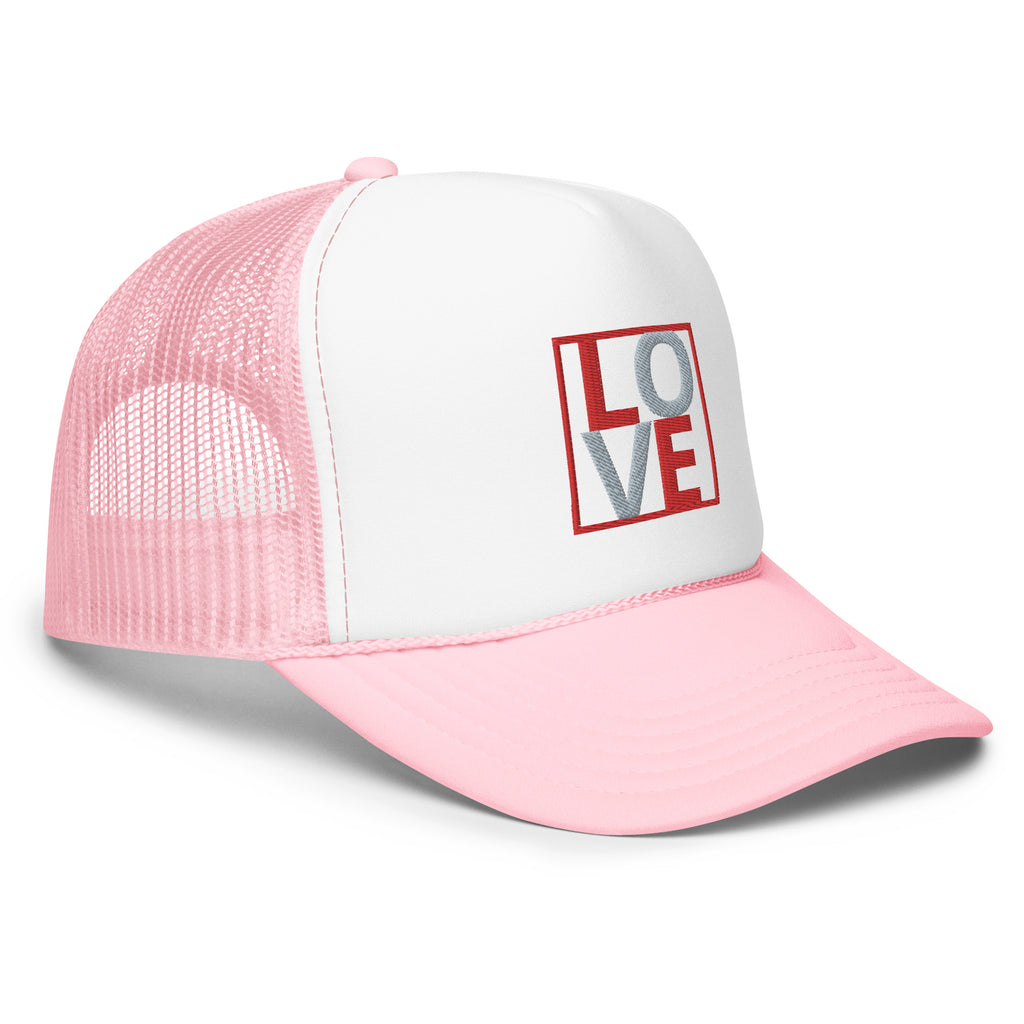 RED AND GREY EMBROIDERED LOVE Foam trucker hat