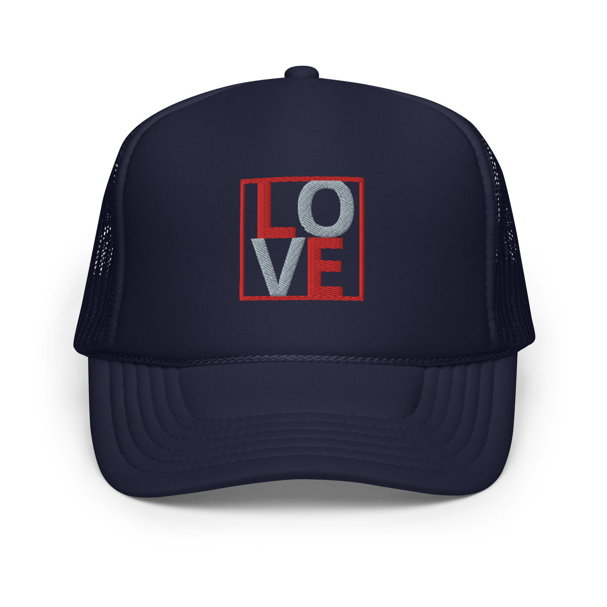RED AND GREY EMBROIDERED LOVE Foam trucker hat
