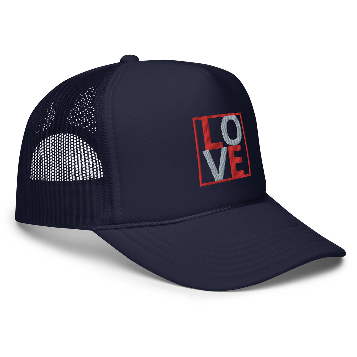 RED AND GREY EMBROIDERED LOVE Foam trucker hat