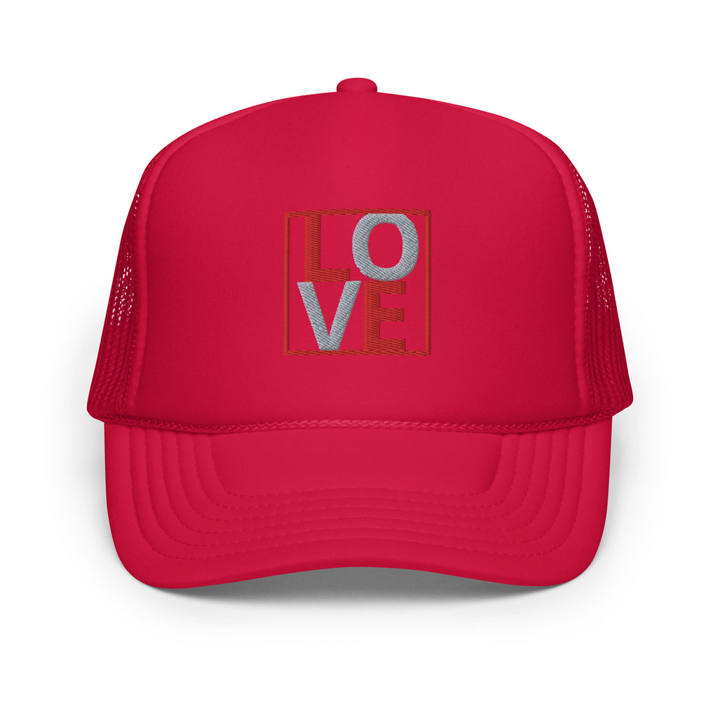 RED AND GREY EMBROIDERED LOVE Foam trucker hat