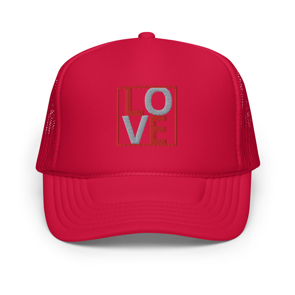 RED AND GREY EMBROIDERED LOVE Foam trucker hat