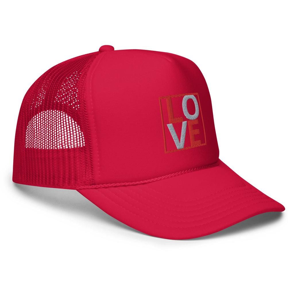RED AND GREY EMBROIDERED LOVE Foam trucker hat