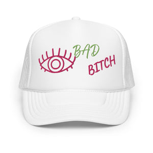 KIWI AND PINK EMBROIDERED EYE AM A BAD BITCH Foam trucker hat
