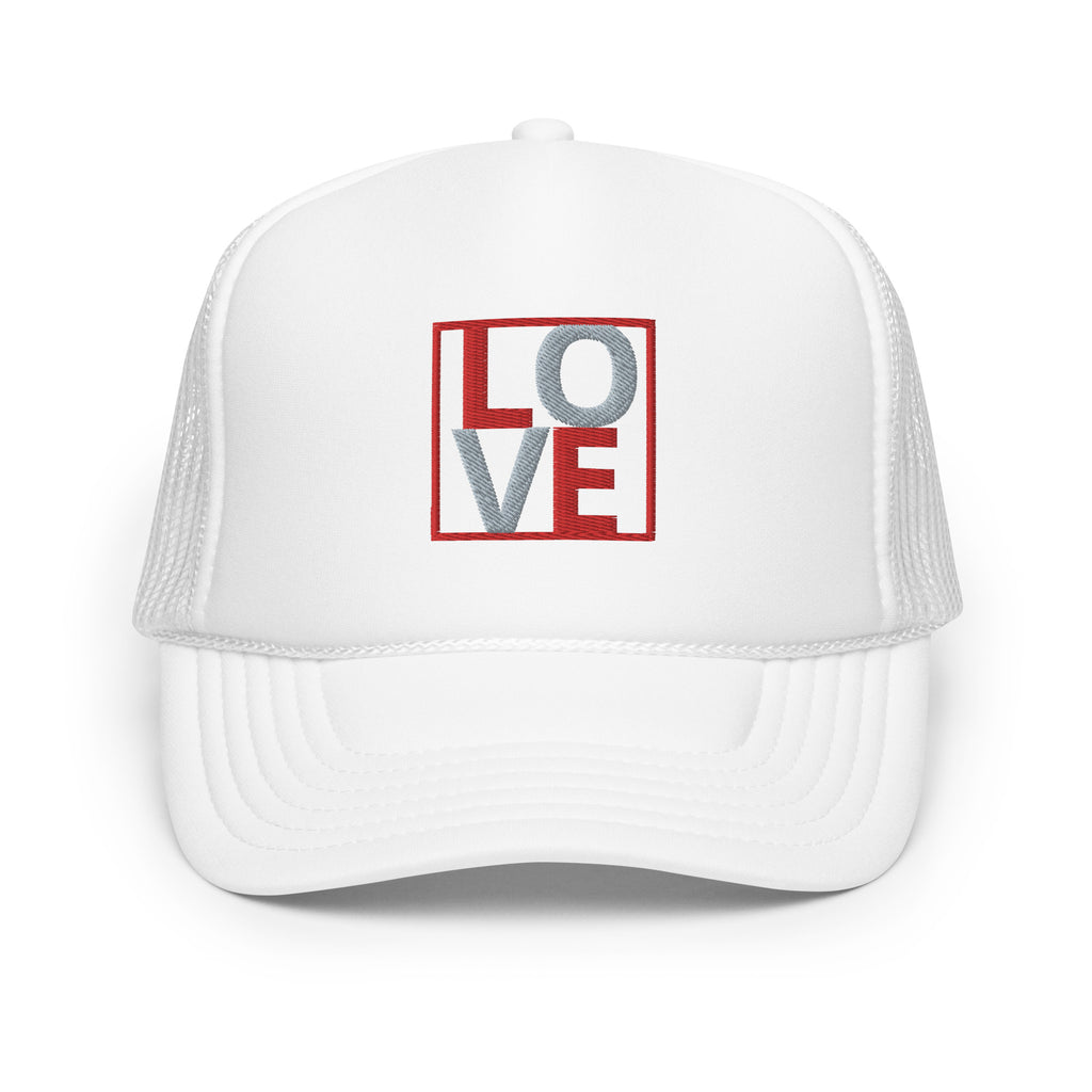 RED AND GREY EMBROIDERED LOVE Foam trucker hat