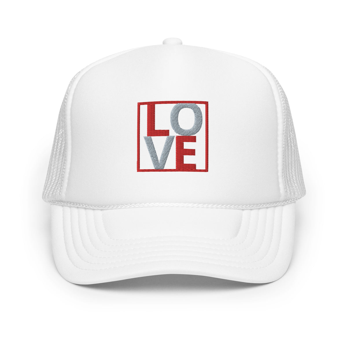 RED AND GREY EMBROIDERED LOVE Foam trucker hat