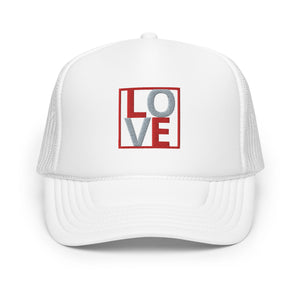 RED AND GREY EMBROIDERED LOVE Foam trucker hat