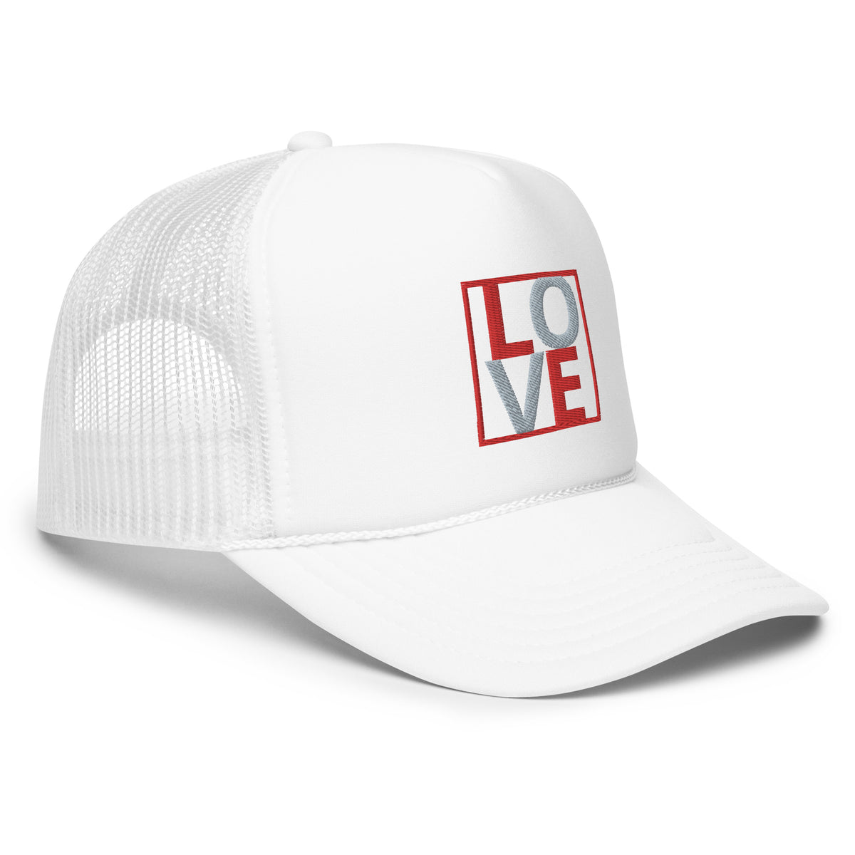 RED AND GREY EMBROIDERED LOVE Foam trucker hat