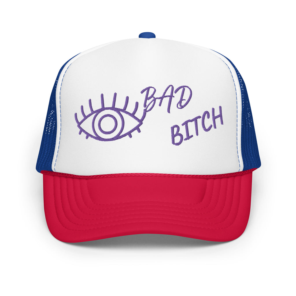 PURPLE EMBROIDERED EYE AM A BAD BITCH Foam trucker hat
