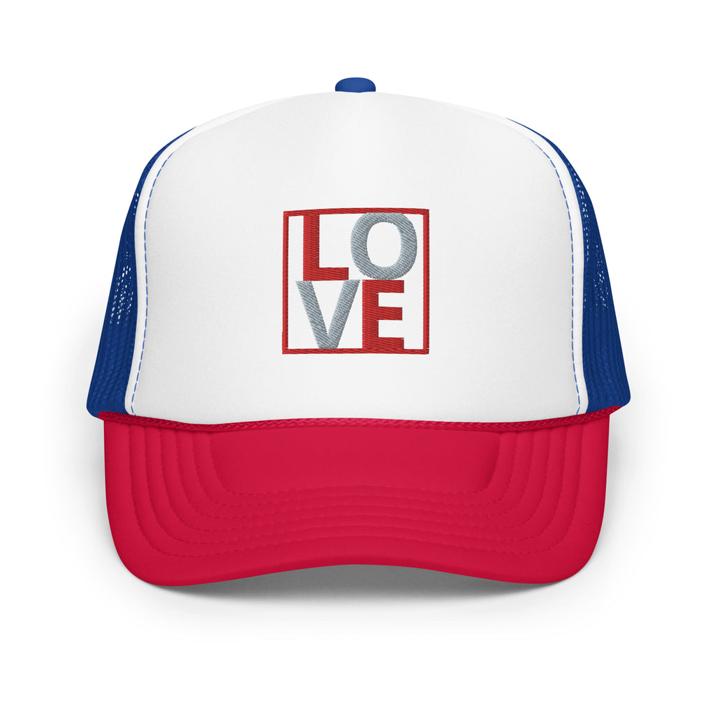 RED AND GREY EMBROIDERED LOVE Foam trucker hat