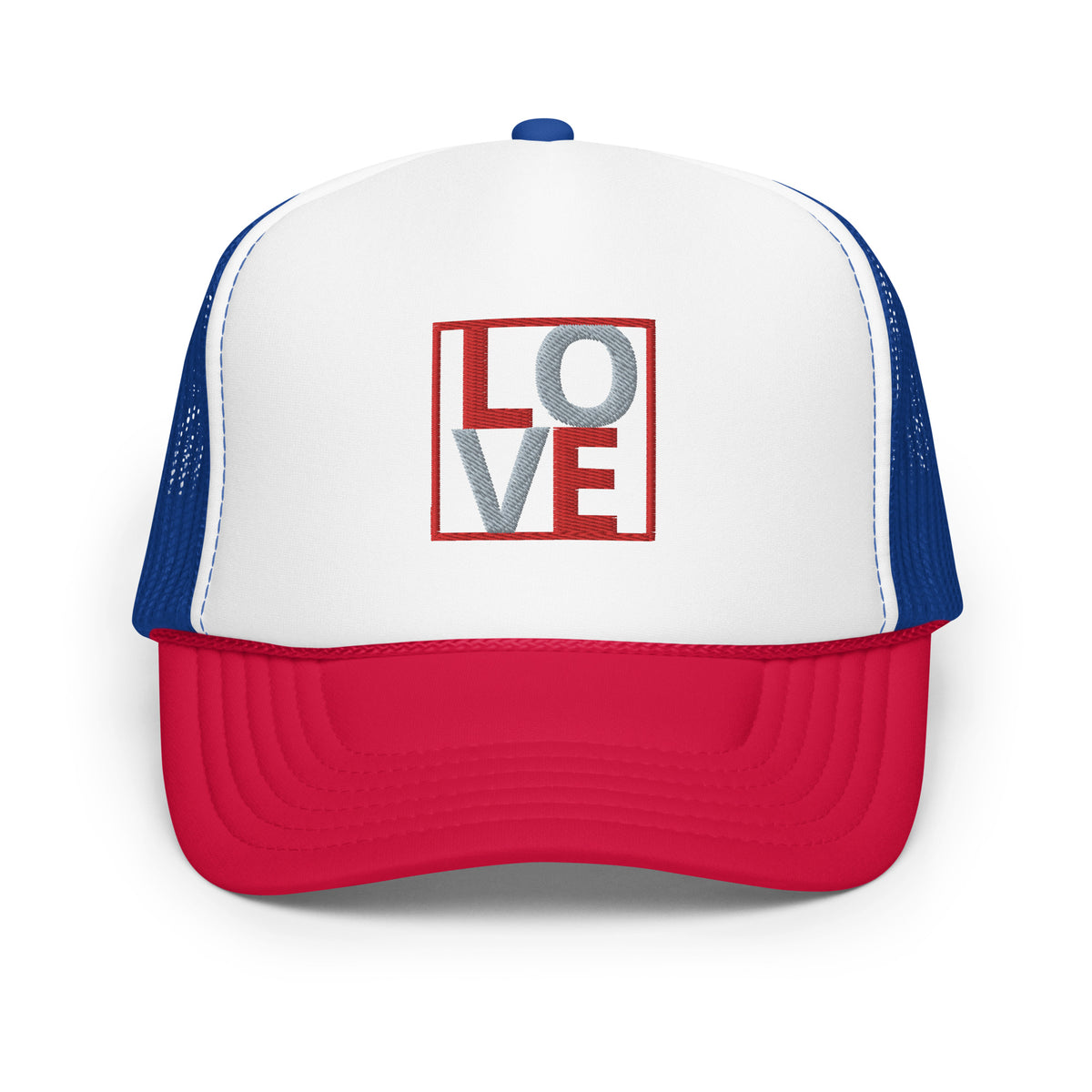 RED AND GREY EMBROIDERED LOVE Foam trucker hat