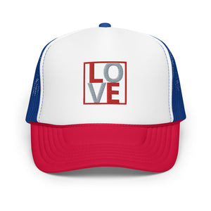RED AND GREY EMBROIDERED LOVE Foam trucker hat