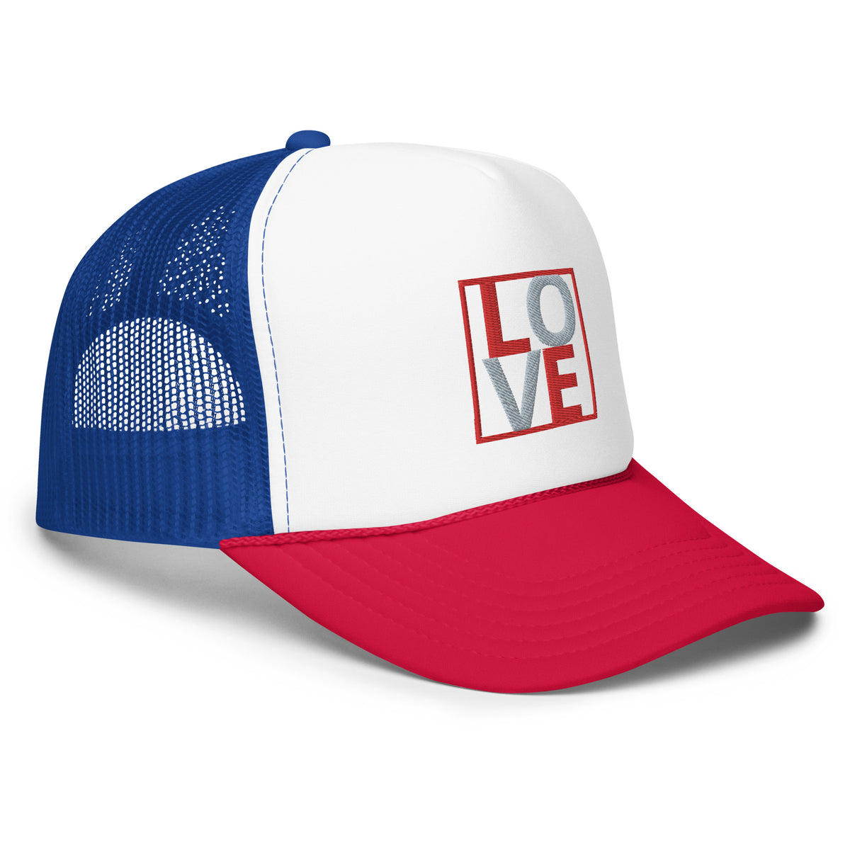 RED AND GREY EMBROIDERED LOVE Foam trucker hat