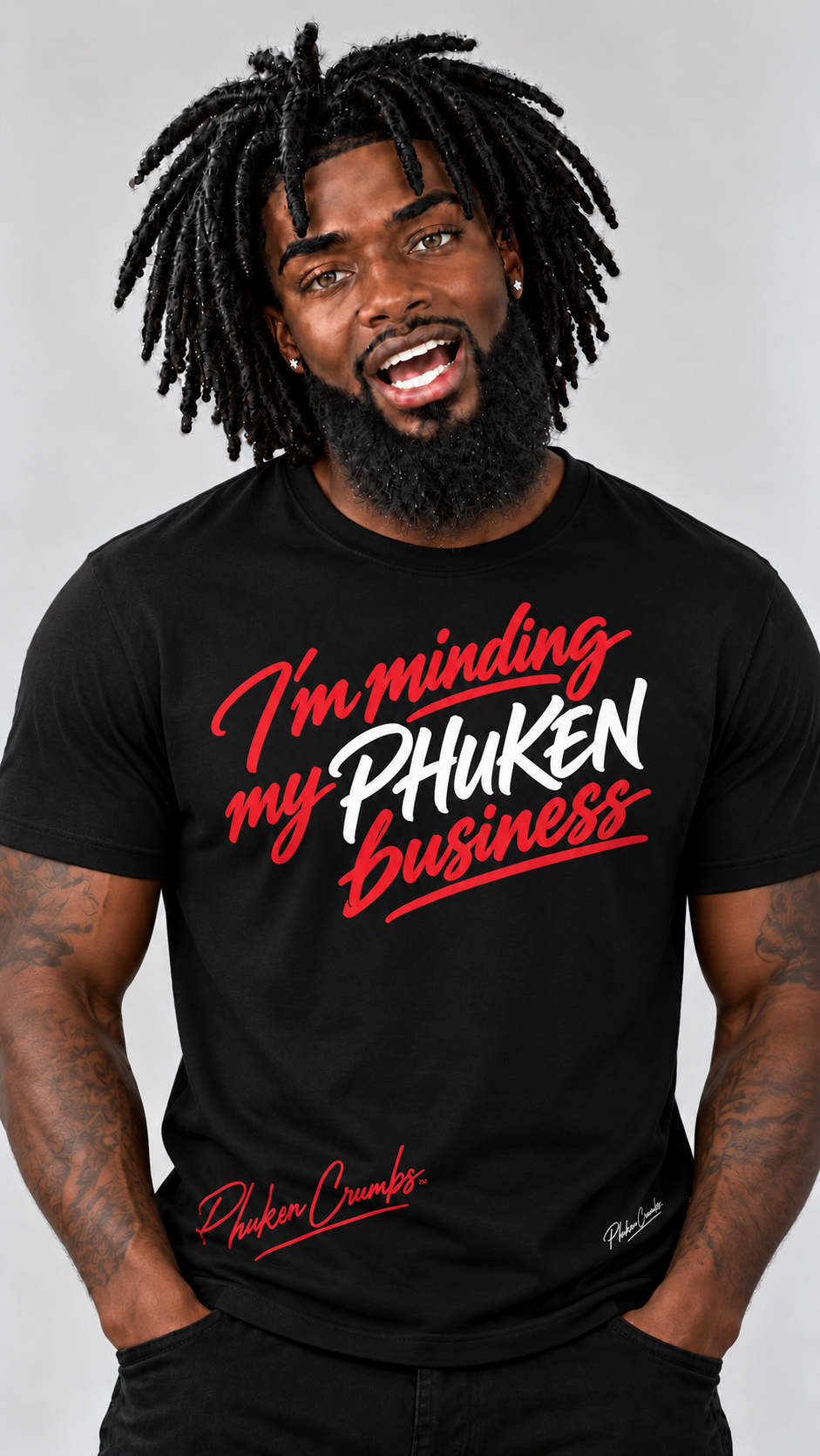 Front view of the black PHUKEN business T-shirt on a model
